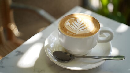 Delicious cappuccino with latte art served in white ceramic cup