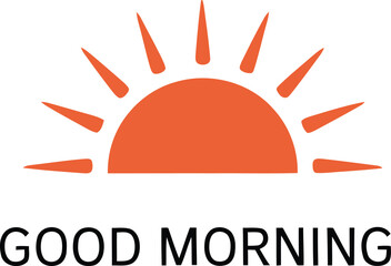 Bright orange sunrise vector with symmetrical rays and “GOOD MORNING” text for cheerful, motivational morning greetings.