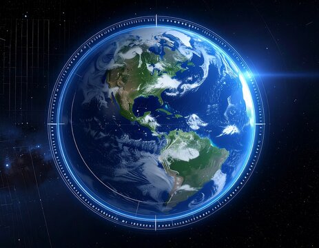 Earth from space with digital overlay, showcasing technology and global connectivity.