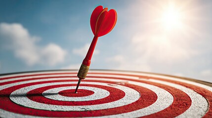 Red dart hitting center of target bullseye with sunlight and blue sky symbolizing precision and success
