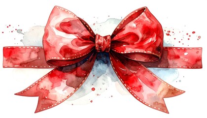 Watercolor painting of a bright red bow with splatters of color on a white background