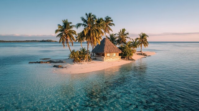 Tropical island with palm trees and hut surrounded by crystal clear turquoise water at peaceful sunrise