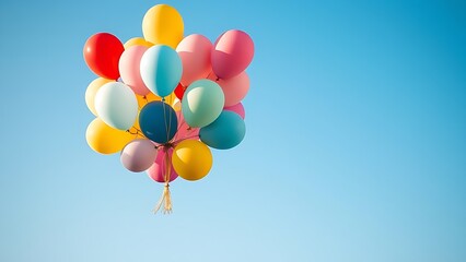 Colorful balloons floating against clear blue sky, retro color grading, soft bokeh.