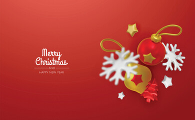 Christmas holiday background. Christmas greeting banner with snowflakes, 3d decoration elements. For holiday headers, banners, party posters