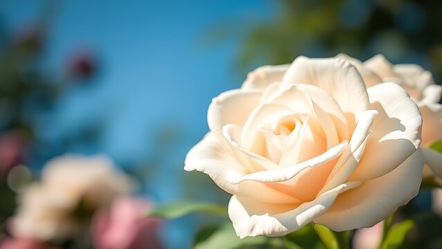 Dreamy white rose bouquet softly focused against a blue sky, evoking serenity and natural beauty.