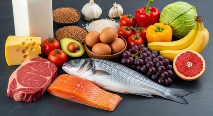 Assortment of fresh foods including meat fish dairy fruits and vegetables