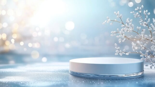 Elegant white product podium on a sparkling winter background with frosted branches and bokeh lights