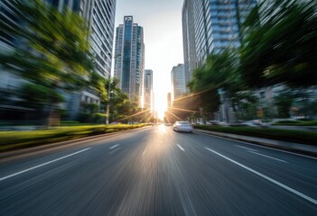 Obraz premium City street driving motion blur toward bright sunlit skyscrapers