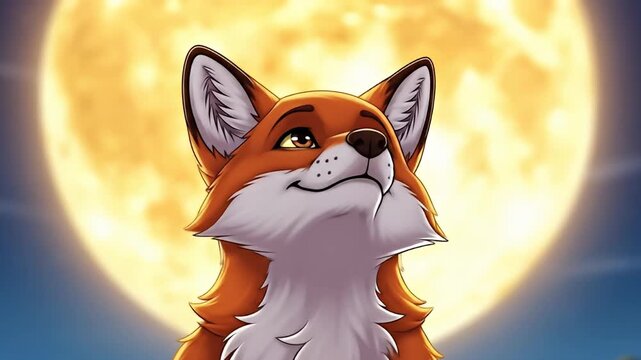 A charming fox gazes at the full moon in a whimsical cartoon style, evoking a sense of wonder and tranquility.