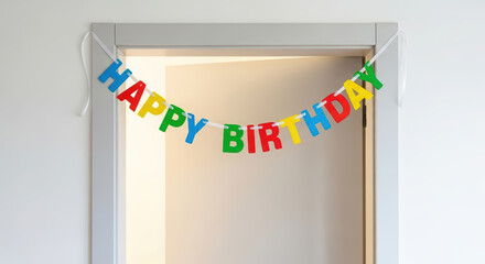 Colorful birthday banner hanging above an open doorway, celebrating a special occasion, with vibrant letters creating a festive atmosphere for joyful gatherings