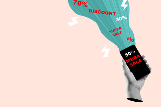 Human hand holding a smart mobile phone with a super sale, discount, and percentage offer promotion. Collage art. Concept of Mega sale