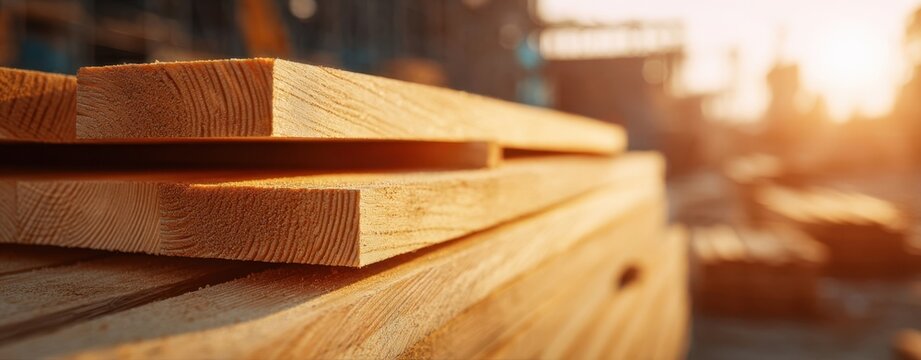 The Lumber Stack of Sunlit Wooden Planks on a Construction Site at Dusk - Powered by Adobe