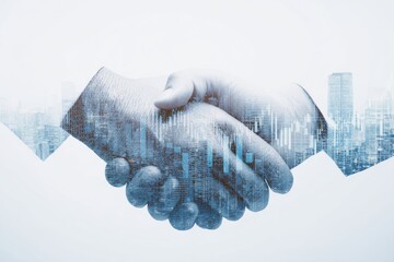 Double exposure handshake over city skyline and financial charts.
