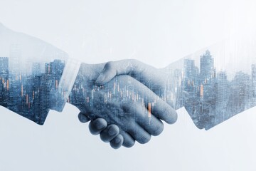 Double exposure handshake over city skyline and financial chart