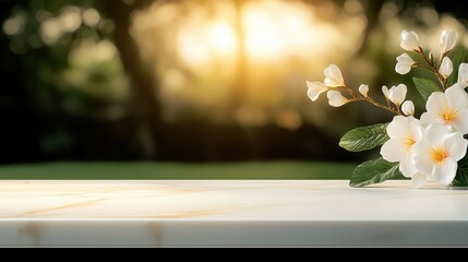 White frangipani flowers on marble tabletop with natural blurred green background and sun flare