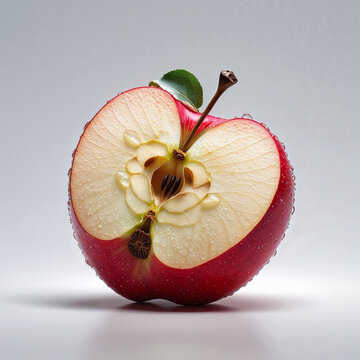 Centered high-detail red apple half with perfect proportion realism. illustraion style.