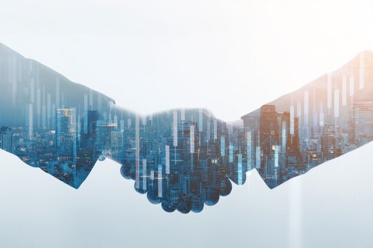 Double exposure of handshake over city skyline and stock chart.