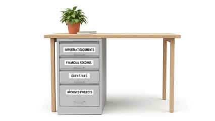 A light-wood desk has a file cabinet with labels for documents, records & projects. Plant on top