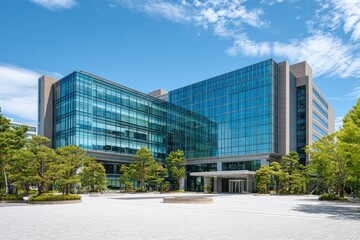 Modern glass office building entrance with surrounding trees and plaza