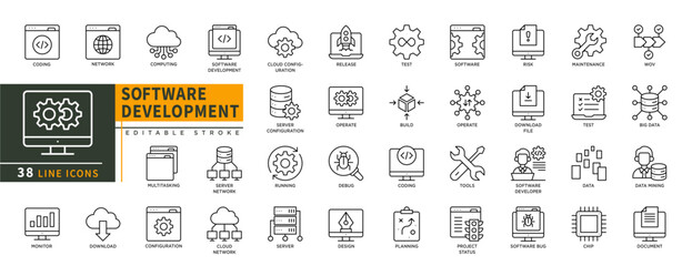 Minimalist Software Development line icons set with editable stroke, featuring coding, network, computing, multitasking, data mining, doocument, chip, test, wov, maintenance. thin linear illustration.