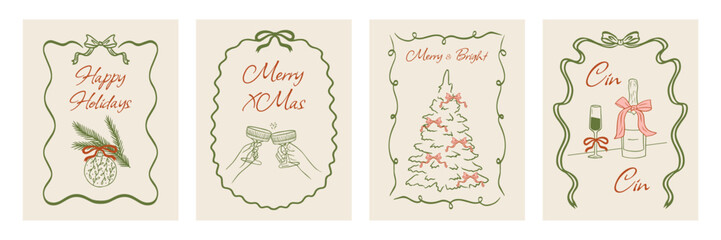 Vintage Christmas posters, greeting cards, and invitations, hand drawn in doodle style with ribbon frames.