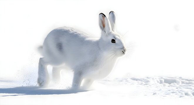 Swift white Arctic hare bounding across a blinding snowy landscape, winter camouflage blending perfectly into the bright frozen world, captured mid-stride to reveal the delicate power, agility, and su