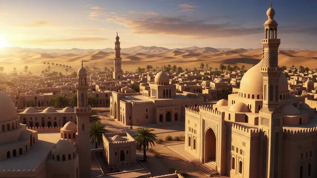 Ancient cityscape with domes and minarets at sunset