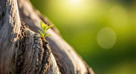 New growth sprouts from weathered wood in sunlight