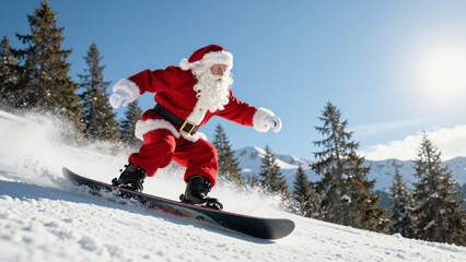 Santa snowboarding down the mountain. Snow dust behind the snowboard. Snow-capped mountains in the distance. Copy space. AI generative.