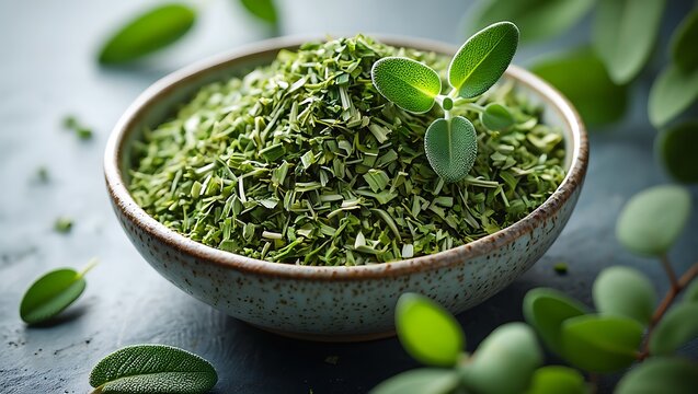 Dried sage herb in bowl with fresh sage sprigs closeup - Powered by Adobe