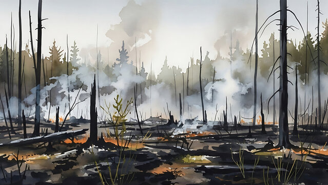 Illustration of a forest that has burned leaving smoke, black floors, and no trees.