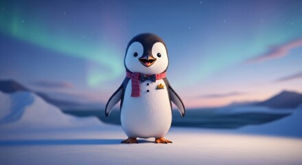 Obraz premium Adorable cartoon penguin with scarf under aurora borealis
