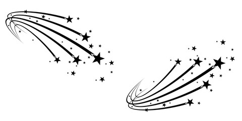 Black shooting star trail illustration with dynamic curved lines and scattered stars. © Ink2Link