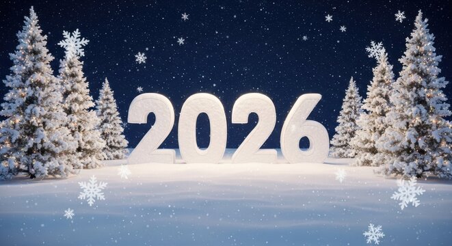 Happy new year 2026 illuminated numbers in snowy forest landscape