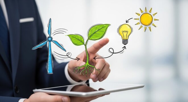 Businessman Illustrating Sustainable Energy Sources and Ideas