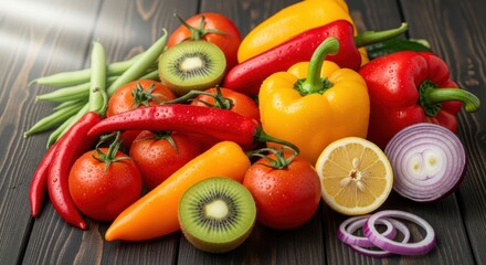 Vibrant assortment of fresh vegetables and fruits on rustic wooden surface