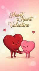 Cartoon hearts holding hands valentines day illustration on gradient background