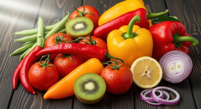 Vibrant assortment of fresh vegetables and fruits on rustic wooden surface