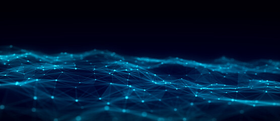 Color abstract wave background with dots and lines moving in space. Technology illustration. Futuristic modern dynamic wave. 3d rendering.