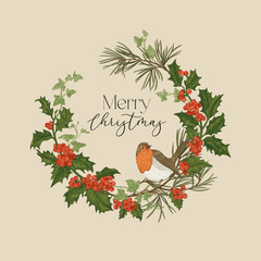 Christmas wreath featuring a charming robin, holly leaves, red berries, and pine branches. Vintage style. Perfect for holiday cards, invitations, packaging.