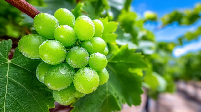 Bunch of green grapes hanging on vine with glistening droplets. Sunny vineyard setting with clear blue sky and vibrant green leaves. Concept of agriculture, wine industry, healthy living