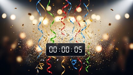 Festive celebration background with a digital timer, streamers, and confetti