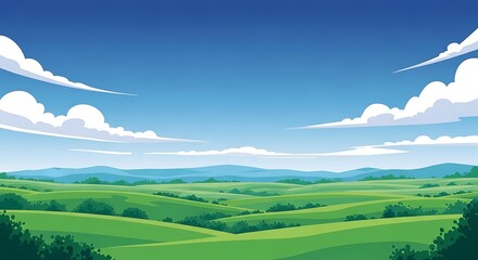 Cartoon landscape illustration green hills under a bright blue sky