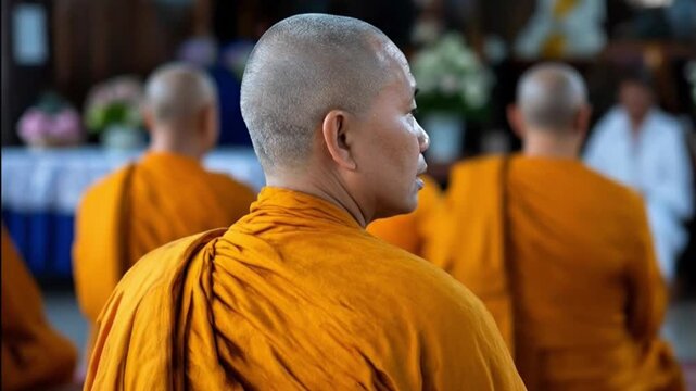 Buddhist monks in orange robes sit in rows facing forward with shaved heads visible in the foreground