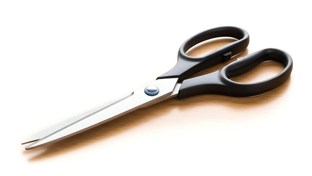 Close-up of open scissors with black handles on a wood-grain surface, bright lighting - Powered by Adobe