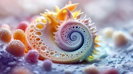 Close-up of an abstract spiral structure with a complex pattern of bubbles, showcasing vibrant colors and soft lighting.