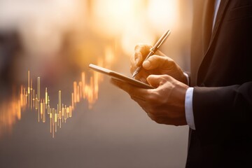 Businessman analyzes glowing stock chart data on a digital tablet outdoors.