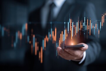 Businessman analyzing glowing stock market chart on mobile device.