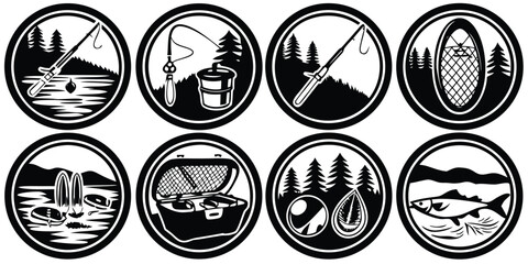 Set of eight black and white circular icons representing various outdoor activity and fishing equipment symbols