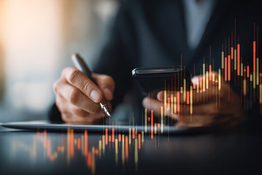 Person analyzes financial chart data on a smartphone with a pen.